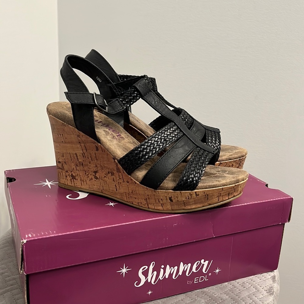 SHIMMER by EDL Jonas Black Strappy Cork Wedge Shoes